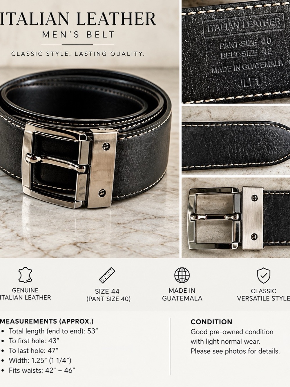 Men’s Black Italian Leather Belt Size 44 Silver Buckle Dress Belt